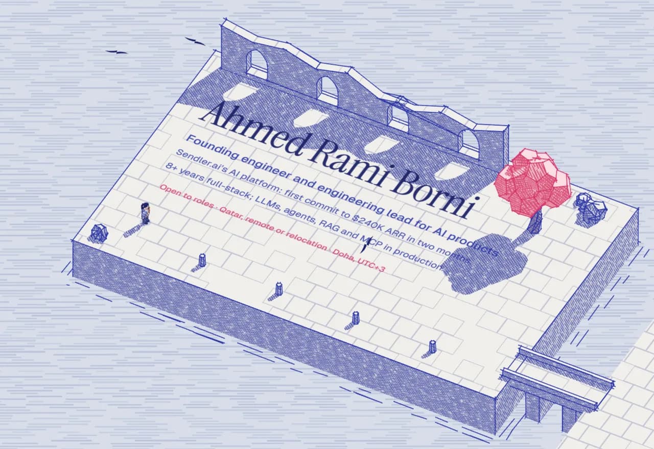 The home page as an ink world: the name printed on a stone plaza, a pink tree, a small inked figure